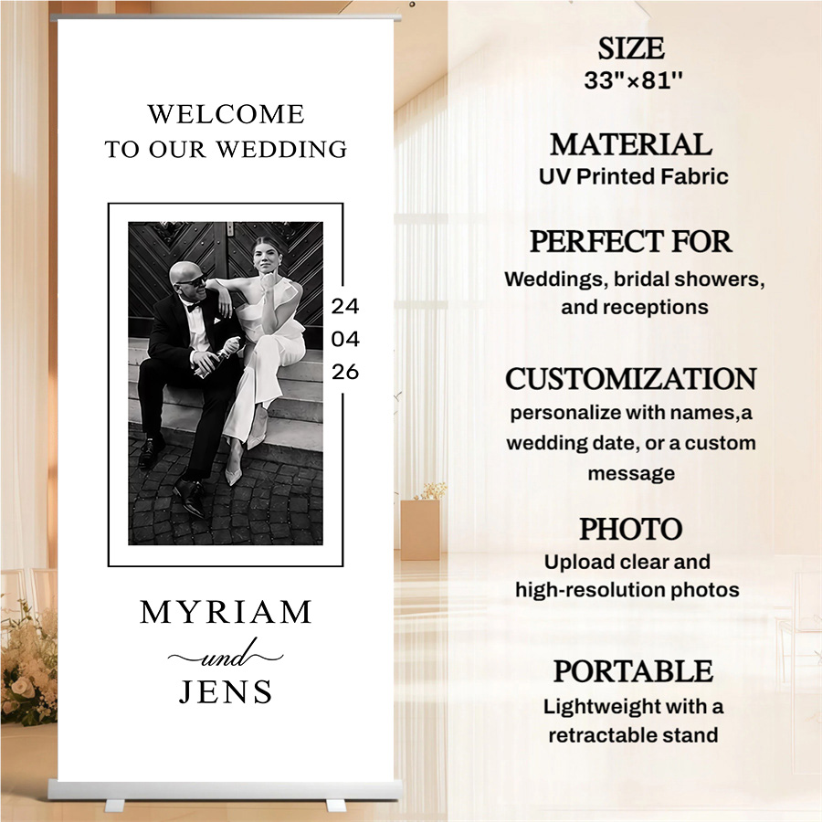 Customized wedding retractable banners - personalized photo wedding welcome signs, reception decorations and background curtains